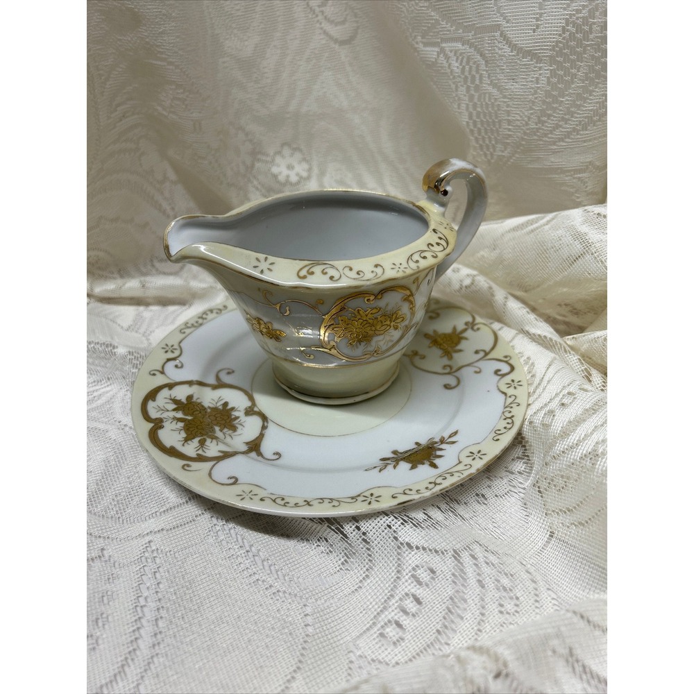 Antique Moriyama Morie Machi Bone China Plate and Creamer 22K‎ Gold Design
